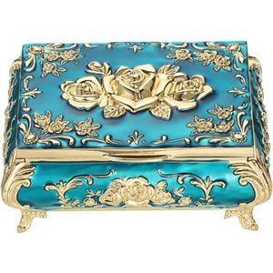 Vintage Metal JewelryBox Small Treasure ChestCase Trinket Organizer Earrings Box